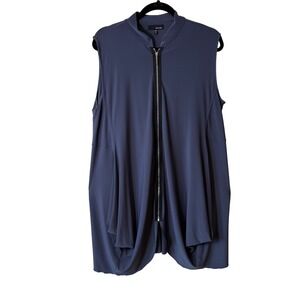 Sun Kim Slate Blue Zip Front Sleeveless Drape Bubble Hem Tunic Top XL Lagenlook